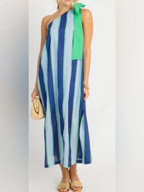 NEW entro One-Shoulder Stripe Maxi Dress in Navy, Light Blue & Green size medium